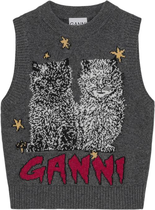 Se Ganni Graphic Wool Mix Cats Vest Kvinde Gray Quill Strikveste Str XS - hos Magasin ved Magasin