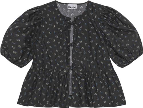 Ganni Printed Cotton Peplum Blouse Kvinde Phantom Langærmede Bluser Str 38 - hos Magasin