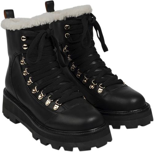 Lovelies Mitchell Leather Trekking Boots With Shearling Kvinde Black Snørestøvler Str 41 - hos Magasin