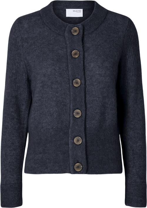 Se Selected Femme Slfsia RAS LS Wool Knit Cardigan Noos Kvinde Dark Sapphire/melange Cardigans Regular Fit Str XL - hos Magasin ved Magasin