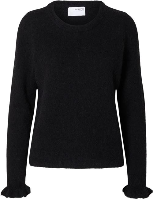 Se Selected Femme Slflulu LS Wool Knit Frill Cuff Oneck N Kvinde Sort Sweaters Regular Fit Str XS - hos Magasin ved Magasin