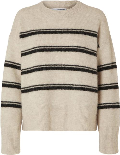 Se Selected Femme Slfalva LS Stripe Oneck Alpaca Blend Knit EX Kvinde Birch/black Sweaters Str XL - hos Magasin ved Magasin