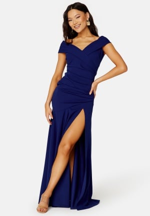 Goddiva Bardot Pleat Maxi Split Dress Blue XXL (UK18)