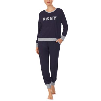 DKNY New Signature Long Sleeve Top and Jogger PJ Marineblå Large Dame