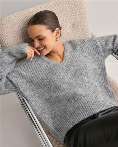 OBJECT - Grå - Objmilu Ls Lo V-Neck Knit E Au 24