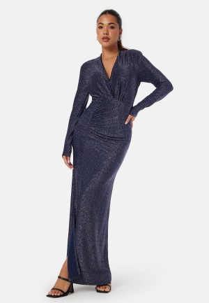 Se Bubbleroom Occasion Sparkling Ruched Slit Gown Navy 2XL ved Bubbleroom