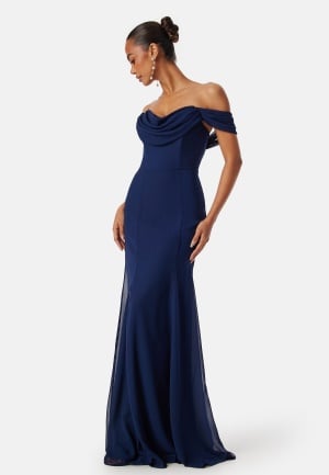 Se Goddiva Chiffon Off Shoulder Maxi Dress Navy XL (UK16) ved Bubbleroom