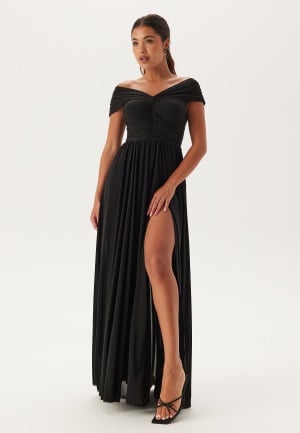 Se Goddiva Bardot Rouched Maxi Split Dress Black M (UK12) ved Bubbleroom