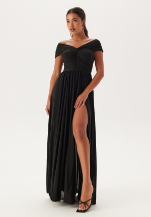 Goddiva Bardot Rouched Maxi Split Dress Black S (UK10)