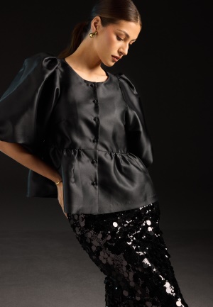 Bubbleroom Occasion Puff Sleeve Peplum Satin Blouse Black S