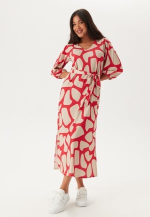 Se Happy Holly Structured Puff Sleeve Midi Dress Red/Cream 52/54 ved Bubbleroom