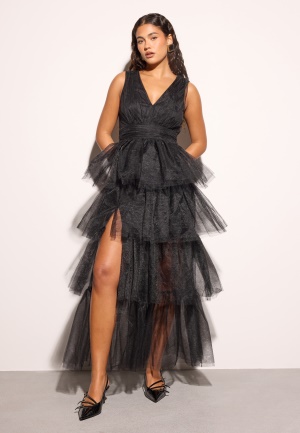 Bubbleroom Occasion High Slit Tulle Maxi Dress Black 34