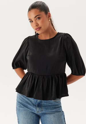 Se BUBBLEROOM Round Neck Puff Sleeve Blouse  Black XL ved Bubbleroom