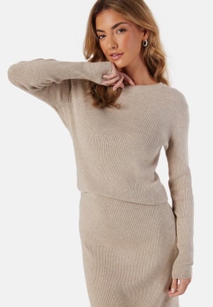 Se VILA Vicomfy O-neck L/S KNIT TOP  Natural Melange 2XL ved Bubbleroom