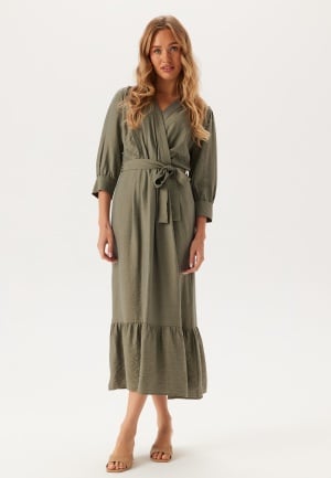 Se BUBBLEROOM Puff Sleeve Structured Dress  Khaki green XL ved Bubbleroom