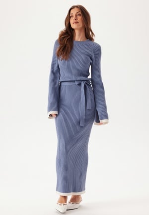 BUBBLEROOM Round Neck Rib Knitted Maxi Dress  Dusty blue S