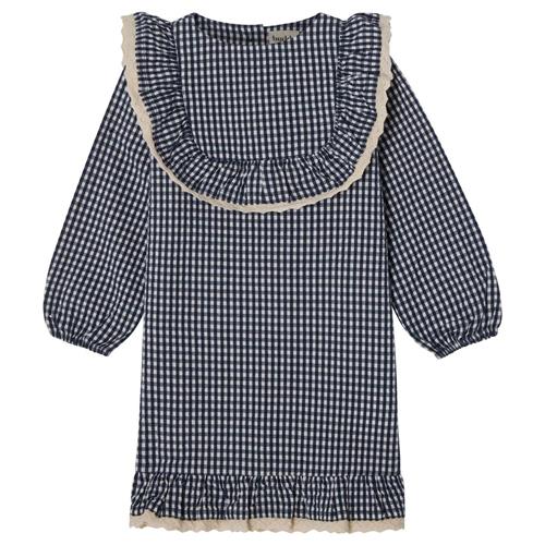 Buddy & Hope Alice LS Flounce Seersucker Kjole Navy Check | Marine blå | 62/68 cm