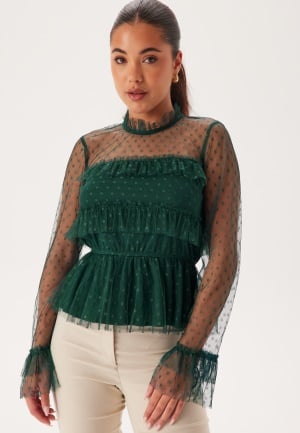 BUBBLEROOM Dotted Mesh L/S Blouse Dark green 46