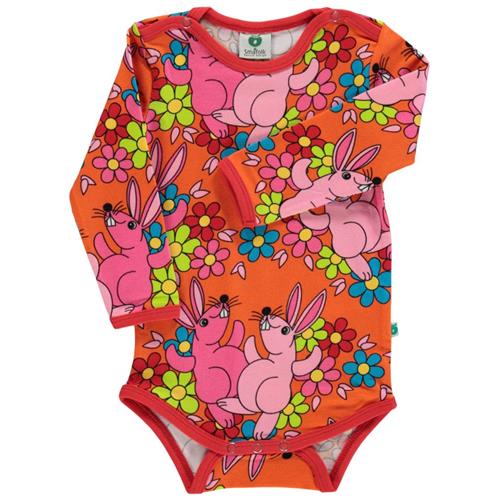 Småfolk Mønstret Babybody Med Blomster Og Kaniner Orange | Orange | 68 cm