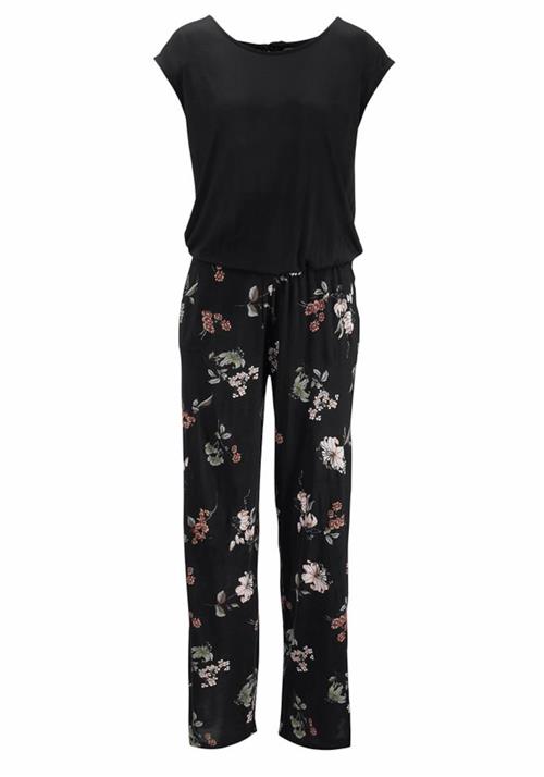 LASCANA Jumpsuit 'LS Overall black-flower'  lyserød / sort