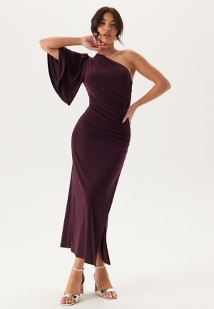 Bubbleroom Occasion Soft Ruched One Shoulder Midi Dress Dark Plum S