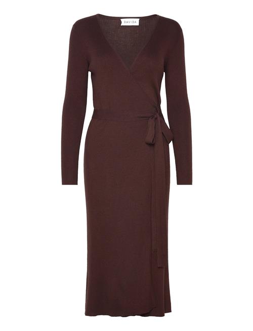 Davida Cashmere Fine Knit Rib Wrap Midi Dress Davida Cashmere Brown