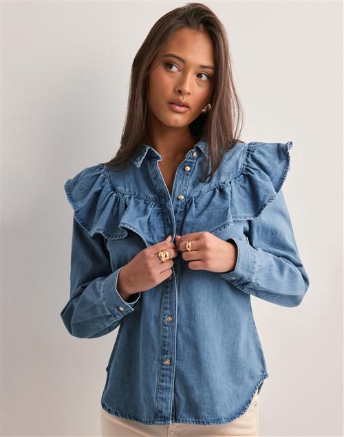 Only - Blå - Onlindigo Ls Frill Dnm Shirt Qyt No