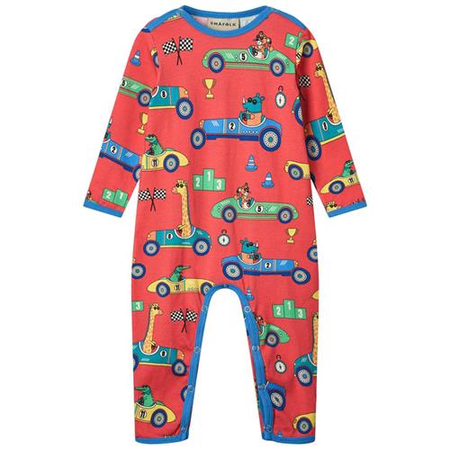 Småfolk Long Sleeved Baby Suit With Race Cars Pink Punch Race Cars Langærmet Onesie Pink Punch | Rød | 98 cm