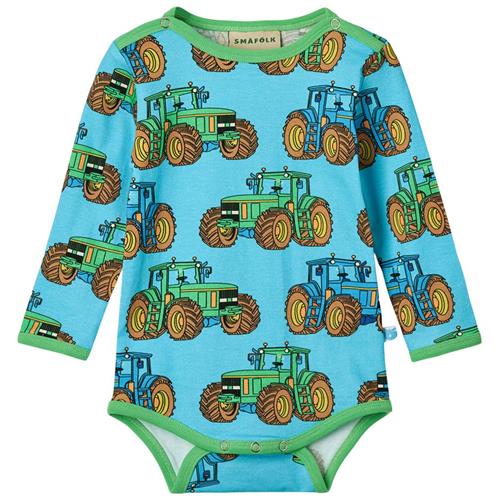 Småfolk Long Sleeved Baby Body With Tractors Blue Atoll Tractors Baby Body Blue Atoll | Blå | 56 cm