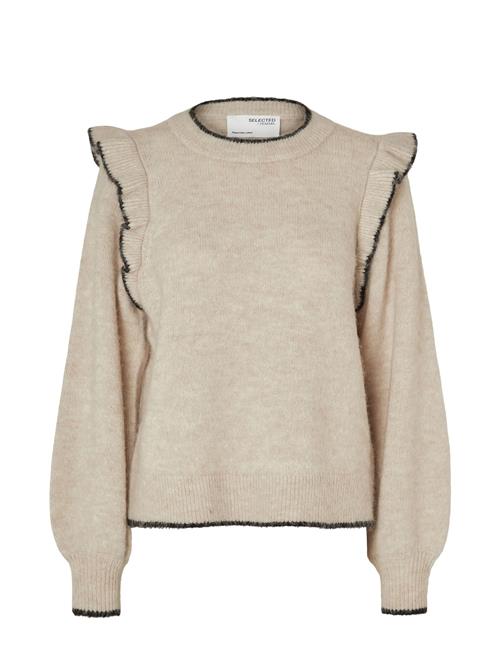 Se Slfalva Frills Ls Knit O-Neck Selected Femme Beige ved Booztlet