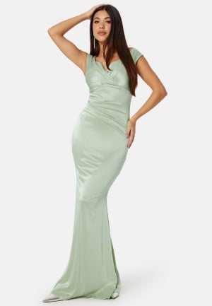 Goddiva Satin Bardot Pleat Maxi Dress Sage Green L (UK14)