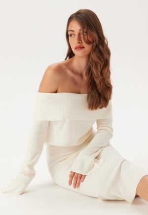 BUBBLEROOM Off Shoulder Knitted Midi Dress Offwhite L