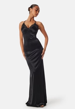 Goddiva Satin Lace Trim Maxi Dress Black XL (UK16)