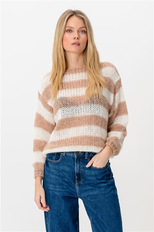 Mila Stribet Strikket Sweater - Light Camel/White - S/M - TeeShoppen