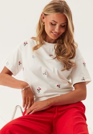 VILA Vimonie Flower Emb S/S O-NECK  Snow White Detail:emb Color Fl XS