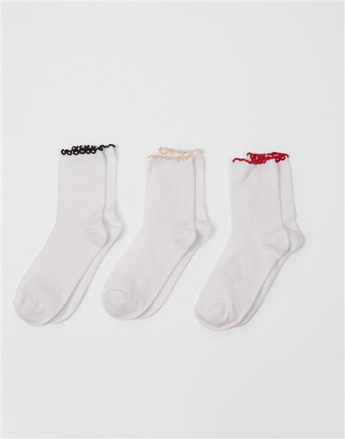 Pieces - Hvid - Pcafia Contrast Frill 3 Pack Socks