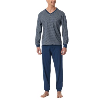 Schiesser Comfort Essentials V-Neck Long Pyjamas Blå bomuld Small Herre