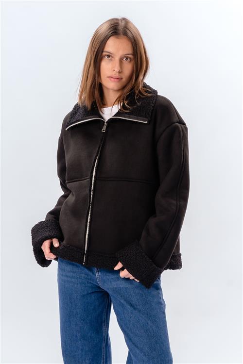 Shearling Zipper Coat - Sort - S - TeeShoppen