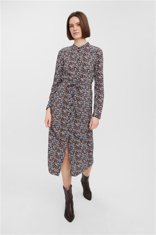 Easy Lang Skjortekjole - Sort m. Blå Blomster - XS - Vero Moda