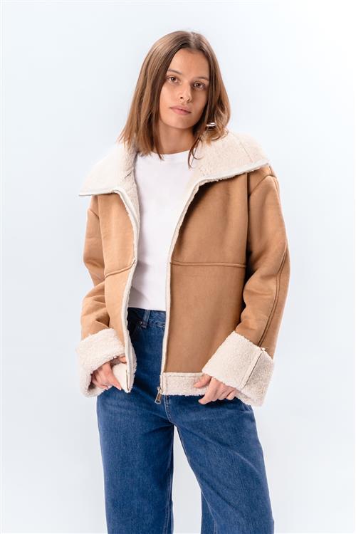 Shearling Zipper Coat - Beige - XL - TeeShoppen