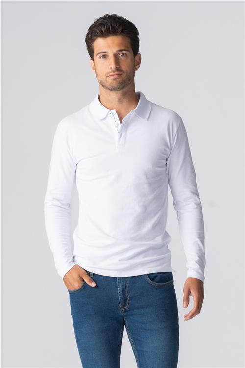 Muscle langærmet Polo Shirt - Hvid - Herre - S - TeeShoppen
