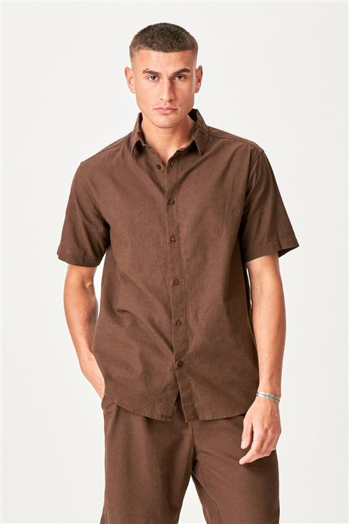 Kortærmet Hørskjorte - Mørkebrun - 2XL - TeeShoppen