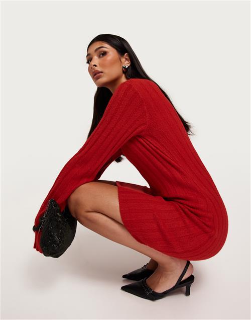 Nelly - Rød - Short Rib Knit Dress