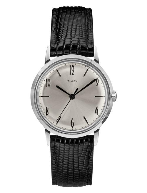 Marlin Handwind 34Mm Sst Case Silver Dial Black Leather Strap Timex Silver