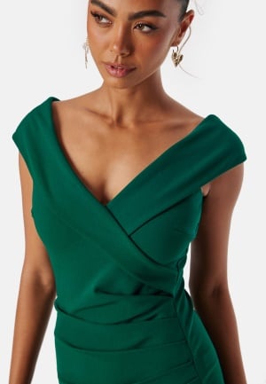 Goddiva Bardot Pleat Maxi Split Dress Emerald XS (UK8)