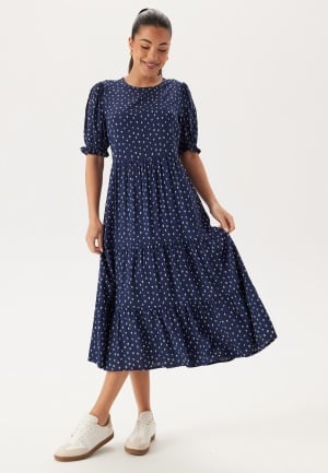 Happy Holly Puff Sleeve Viscose Midi Dress Dark blue/Patterned 32/34