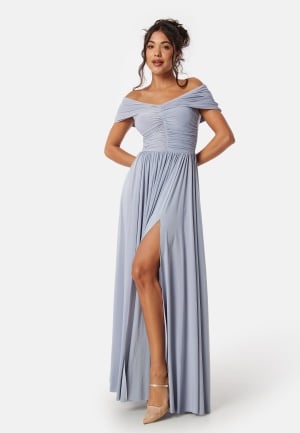 Goddiva Bardot Rouched Maxi Split Dress Light blue L (UK14)