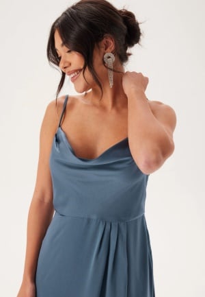 Bubbleroom Occasion Waterfall Slit Satin Gown Dark Dusty Blue 34