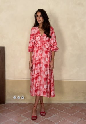 BUBBLEROOM CC V-neck Viscose Strap L/S Dress Red/Patterned XS