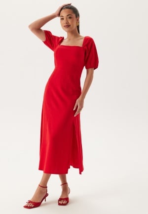 BUBBLEROOM Puff Sleeve Linen Blend Dress Red XS